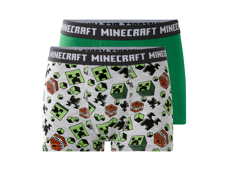 Twee jongensboxershorts van Minecraft in het groen en grijs met print.