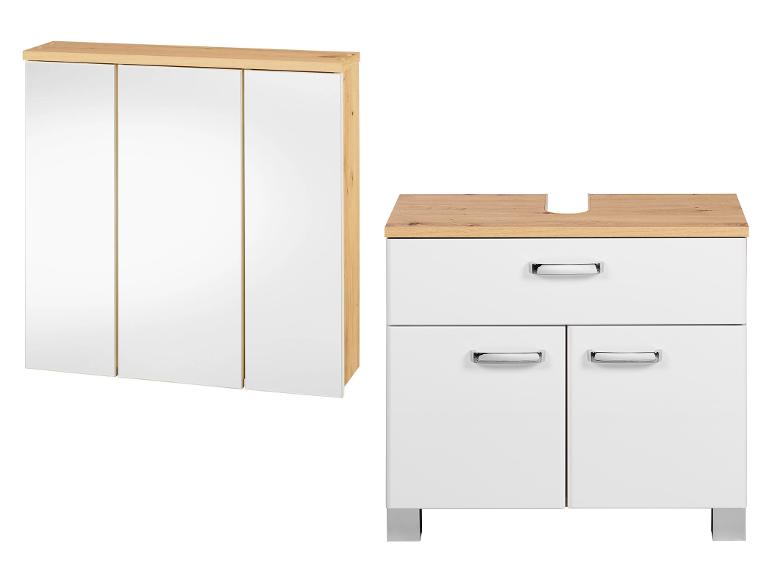 Badkamermeubel: driedelig spiegel en wastafelkast.