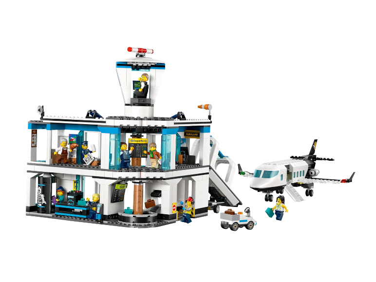 Speelgoed luchthaventerminal bouwset met een passagiersvliegtuig en minifiguren