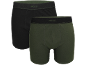 Twee herenboxershorts: één zwart en één donkergroen, met elastische taillebanden