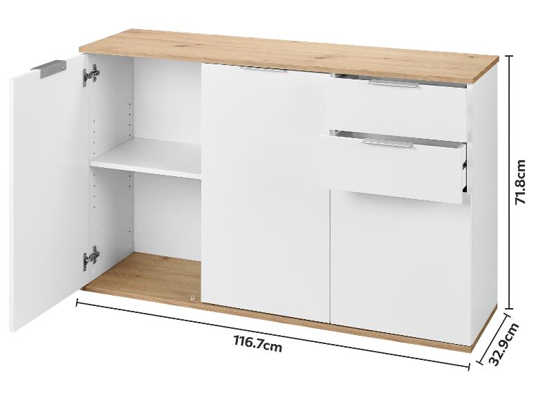 Wit en houten dressoir met deuren en laden, afmetingen 116,7 cm breed, 71,8 cm hoog en 32,9 cm diep.