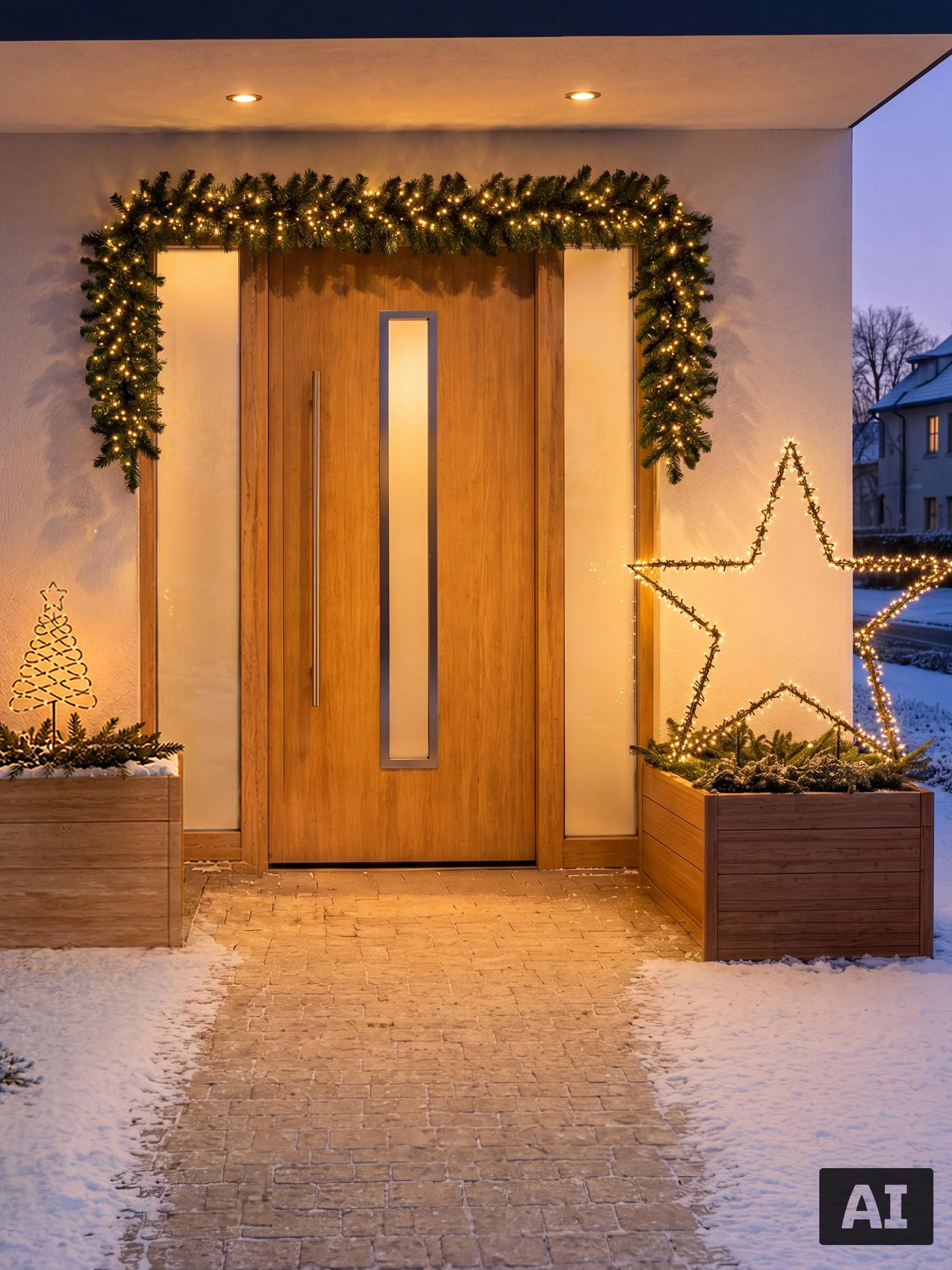 Houten voordeur versierd met kerstguirlande en een verlichte ster in een plantenbak.