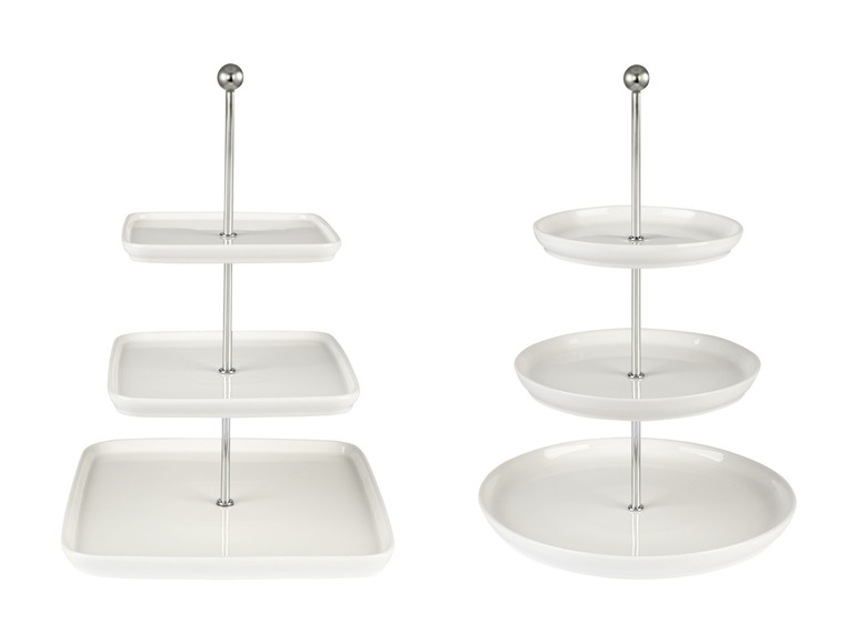 Twee witte etagères met ronde en vierkante plateaus