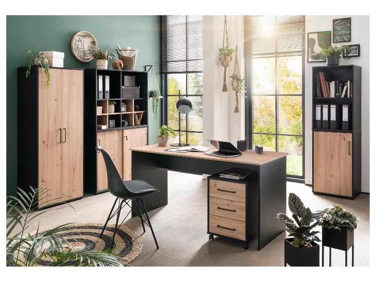 Moderne kantoorruimte met bureau, boekenkast en kasten in zwart en licht hout.