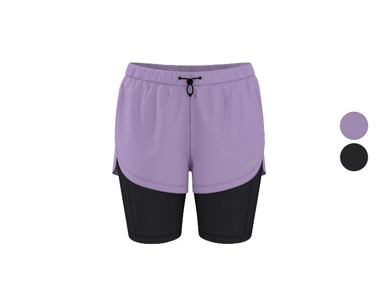Paarse en zwarte 2-in-1 sportshorts met trekkoord.