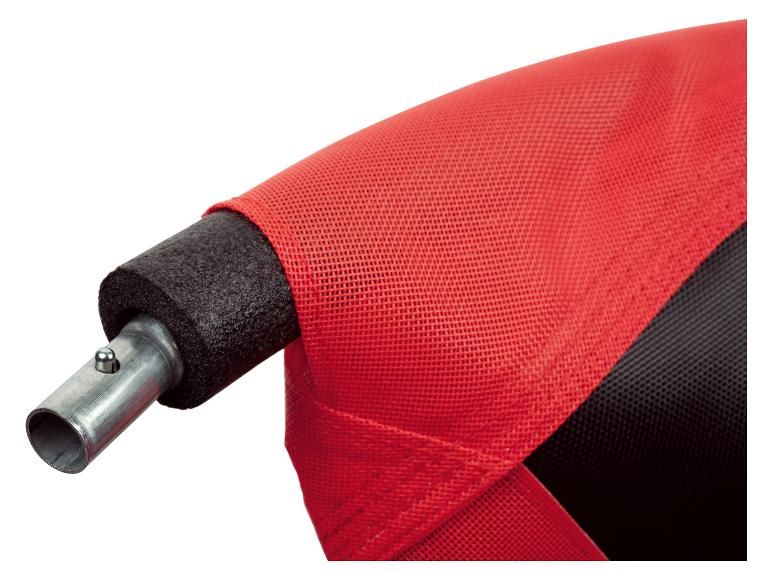 Rode en zwarte trampoline veiligheidsbekleding met een metalen paalconnector