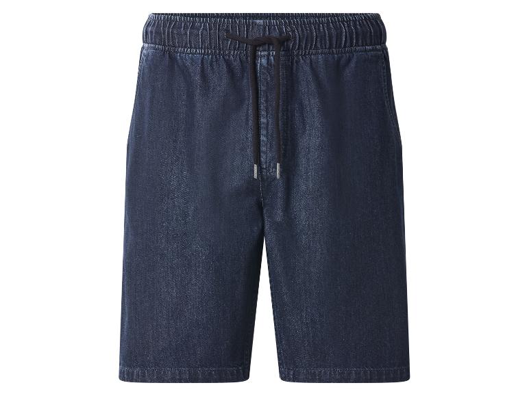 Donkerblauwe denim shorts met elastische tailleband en trekkoord.