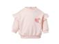 Roze baby sweater met ruches en hartjesprint.