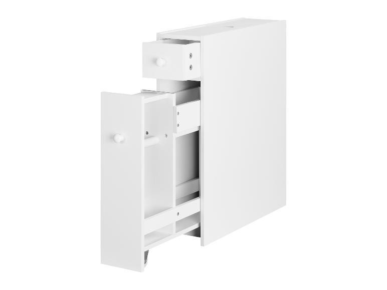 Witte, smalle badkamerkast met uitschuifbare lades en planken.