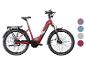 Rode elektrische fiets met bagagedrager en spatborden, met kleuropties aan de zijkant.