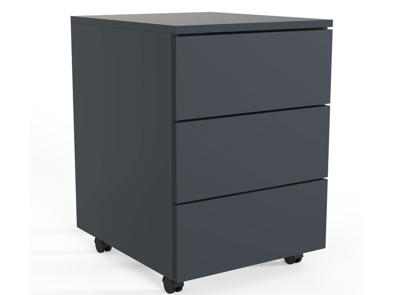 Donkergrijze ladekast met drie lades op wielen.