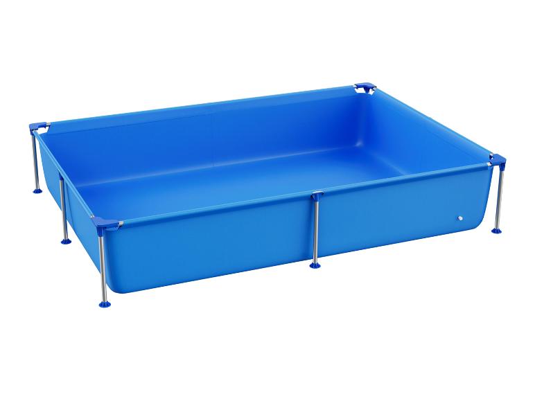 Blauw rechthoekig kinderzwembad met metalen frame.