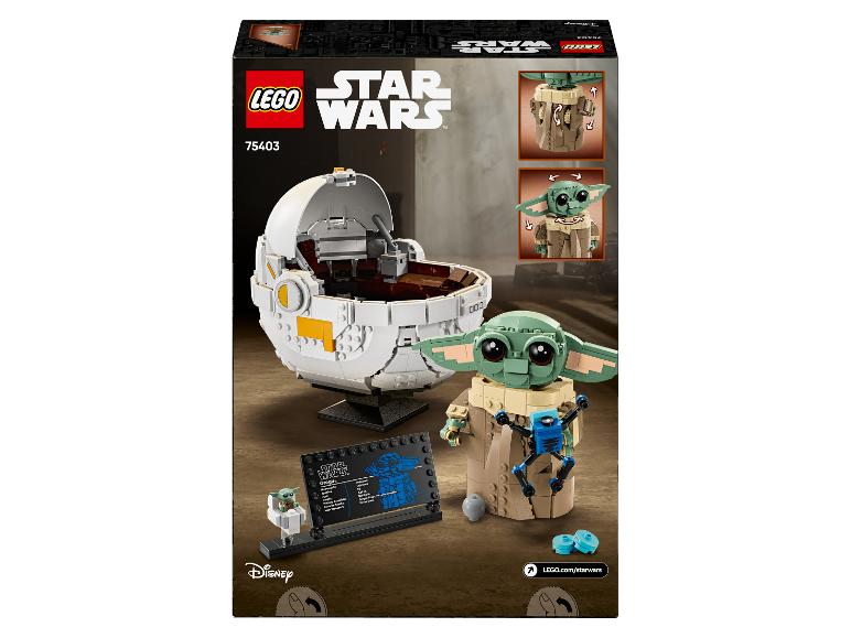LEGO Star Wars 75403 set met Grogu, zijn zweefwieg en een informatieplaatje.