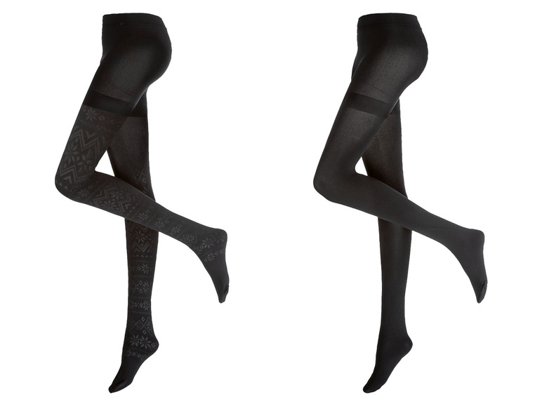 Twee paar zwarte panty's, één met een winters patroon.