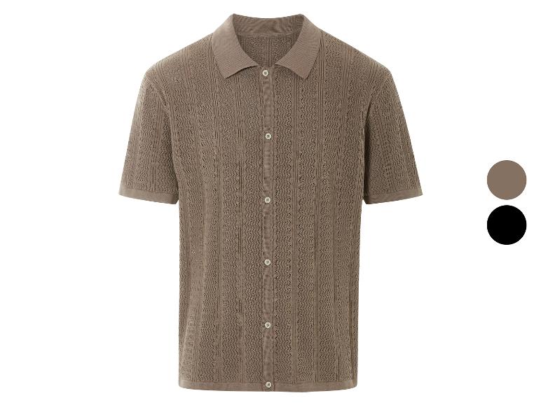 Gebreide polo met opengewerkt patroon, beige en zwart.