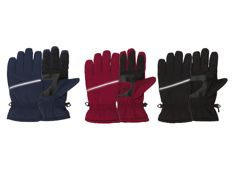 Drie paar winterhandschoenen in blauw, rood en zwart met reflecterende strepen.