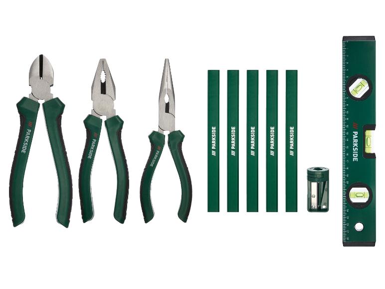 Parkside gereedschapset met tangen, timmermanspotloden en een waterpas.