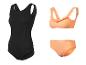 Zwart badpak uit één stuk en oranje bikini met ruches