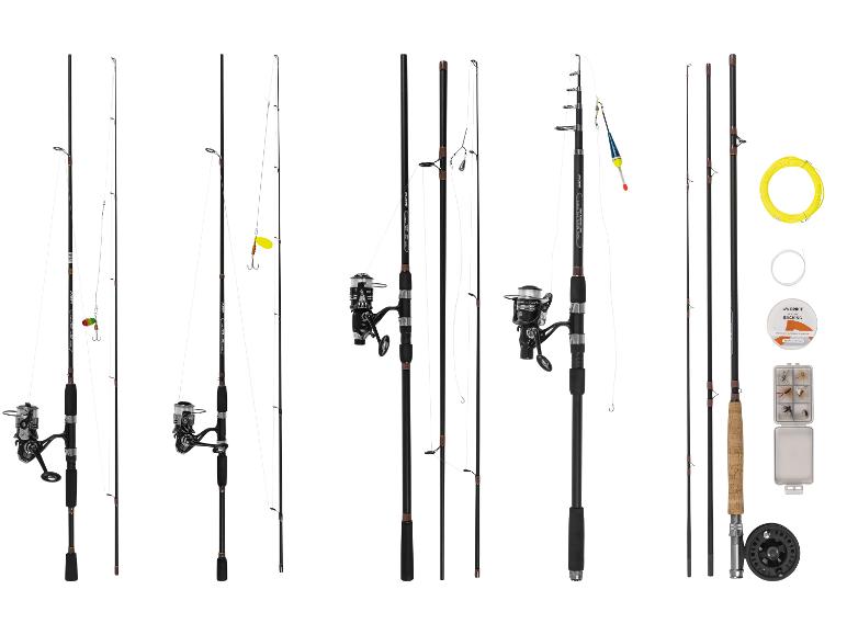 Hengelsets met molens, lijnen en accessoires zoals dobbers en kunstaas.