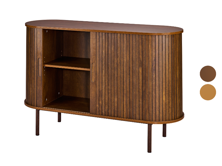 Bruin houten dressoir met lamellen schuifdeuren en interne planken.