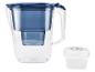 Blauwe en transparante waterfilterkan met een wit reservefilter.