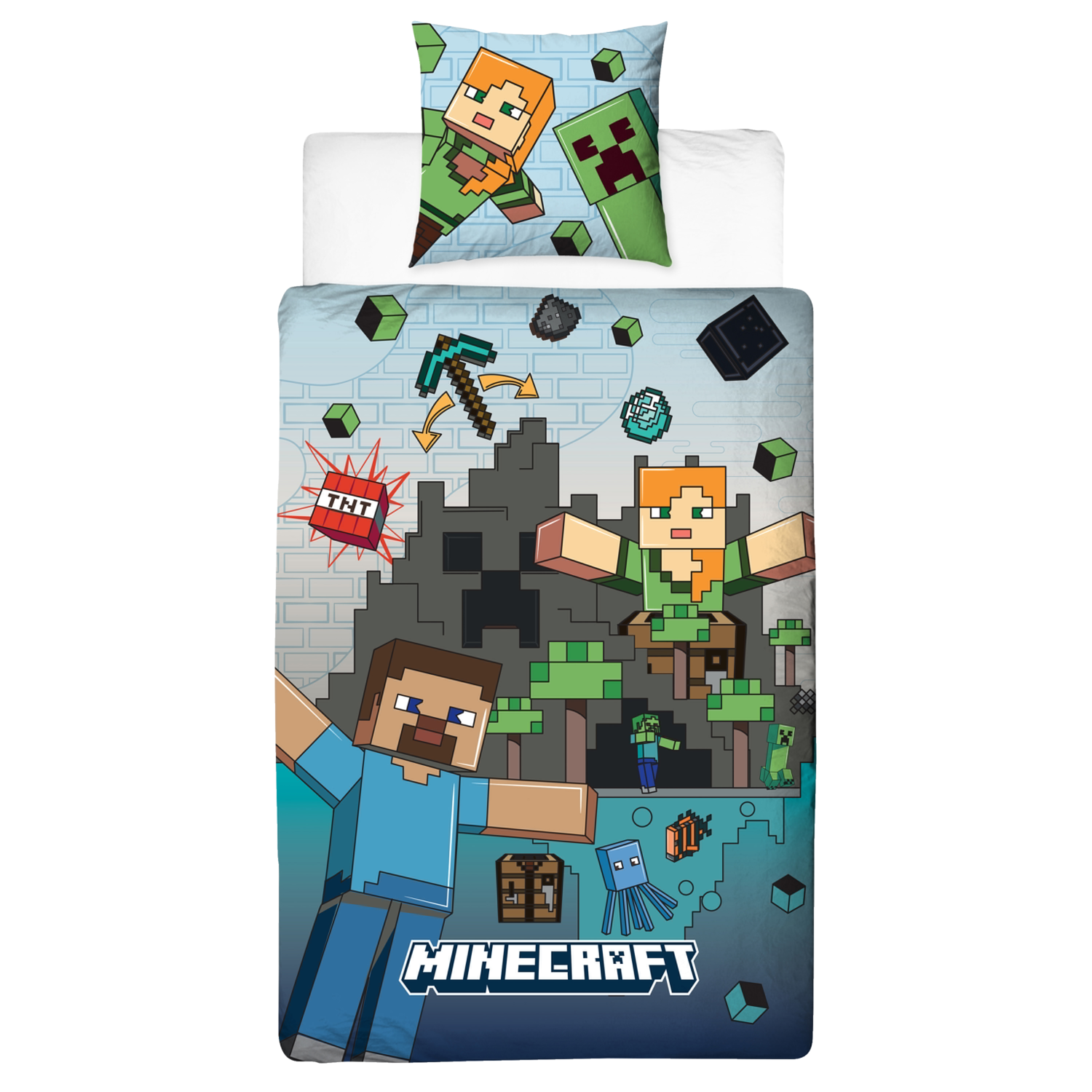 Kinder dekbedovertrek Minecraft, 140 x 200 cm (Blauw)