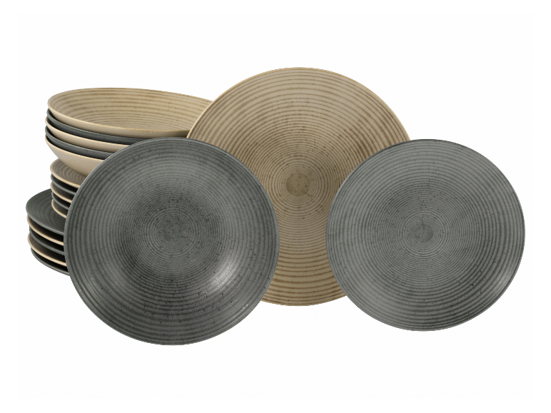 Serviesset: grijze en beige borden en kommen, textuur design.