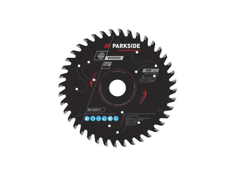 Een Parkside Performance cirkelzaagblad voor hout, met technische specificaties.