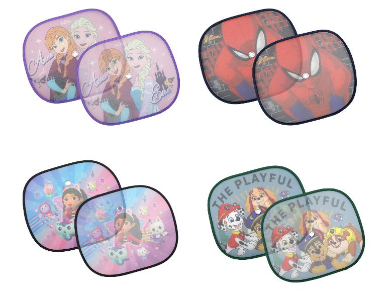 Autozonneschermen met personages van Frozen, Spiderman, Gabby's Dollhouse en Paw Patrol.