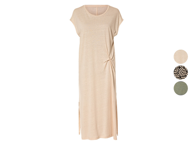 Beige linnen jurk met korte mouwen en splitten aan de zijkanten.