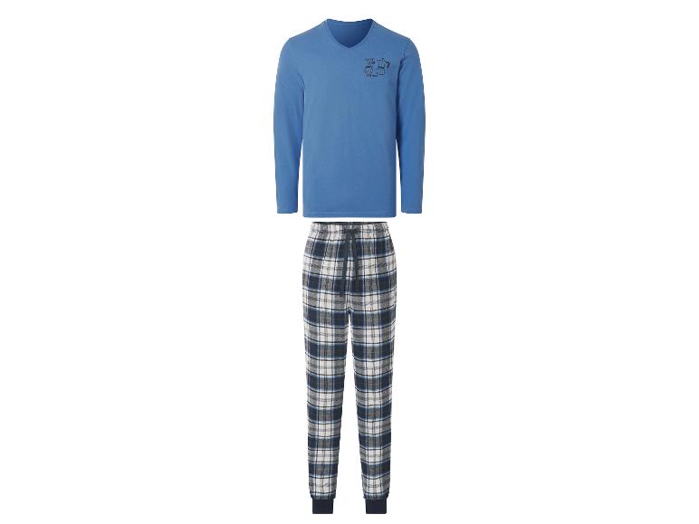 Blauwe en geruite herenpyjama met 'Coffee Club Everyday' motief.