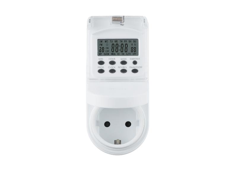 Witte digitale timerstekker met een LCD-scherm dat tijd en programmeeropties weergeeft.