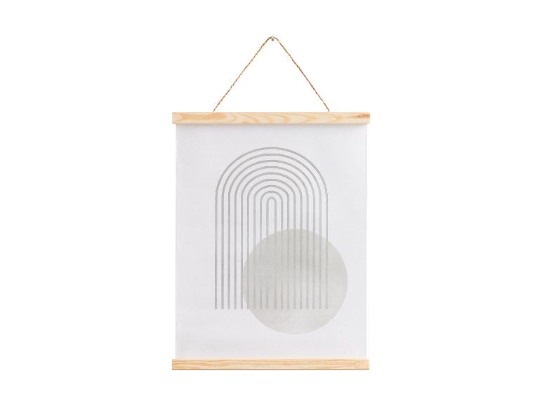 Een abstracte print van een halve cirkel en strepen in een houten lijst.