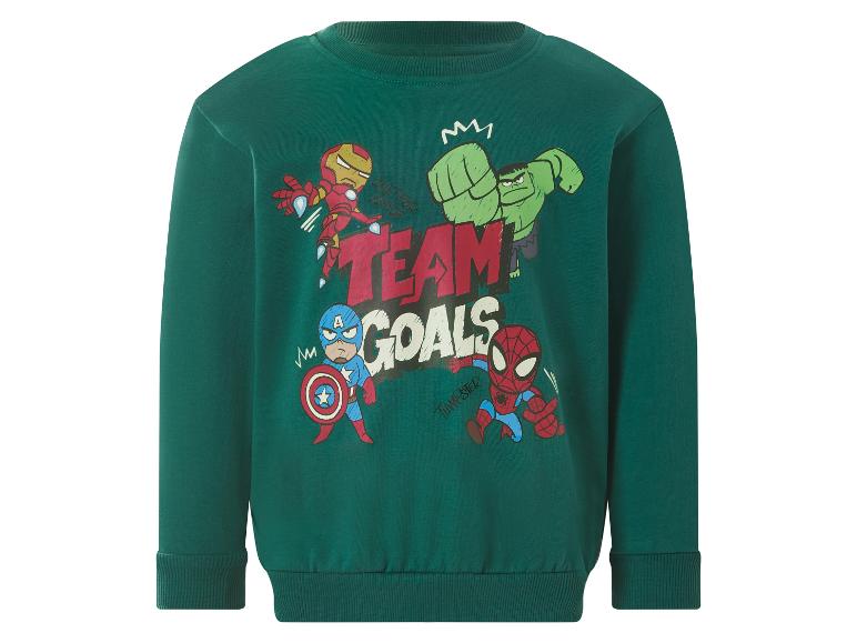 Groene kinderhoodie met superheldenprint en de tekst 'TEAM GOALS'.