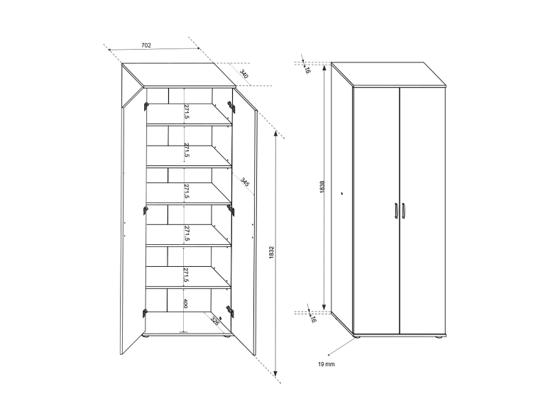 Tekening van een grote kast met dubbele deuren en binnenplanken.