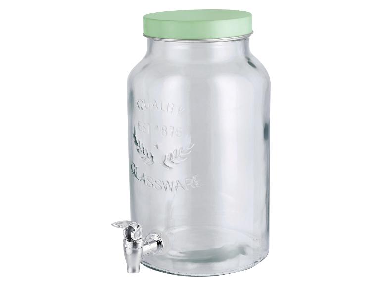 Glazen drankdispenser met groen deksel en zilverkleurige tapkraan