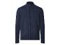 Donkerblauw gebreid vest met ritssluiting.