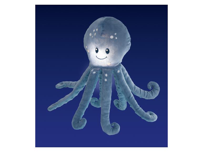 Blauwe pluche octopus met een helder, lachend gezicht