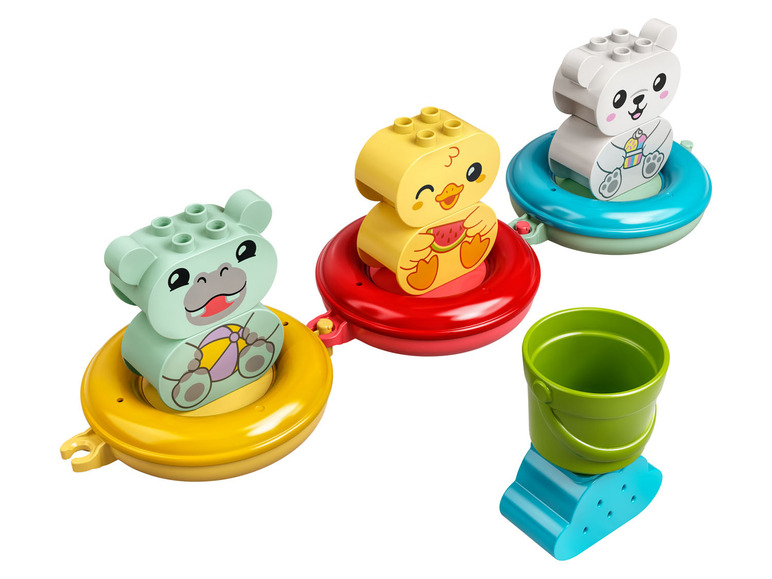 LEGO DUPLO badspeelgoed met dieren, een emmer en ringen.