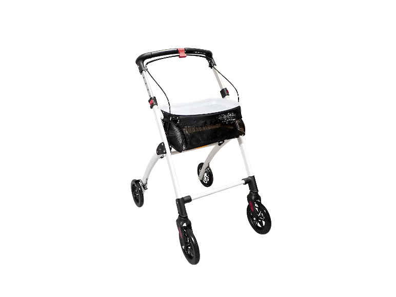 Witte rollator met zwarte mand.