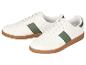 Witte sneakers met groene strepen en bruine zool