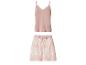 Damespyjama met roze kanten camisole top en shorts met bladpatroon.