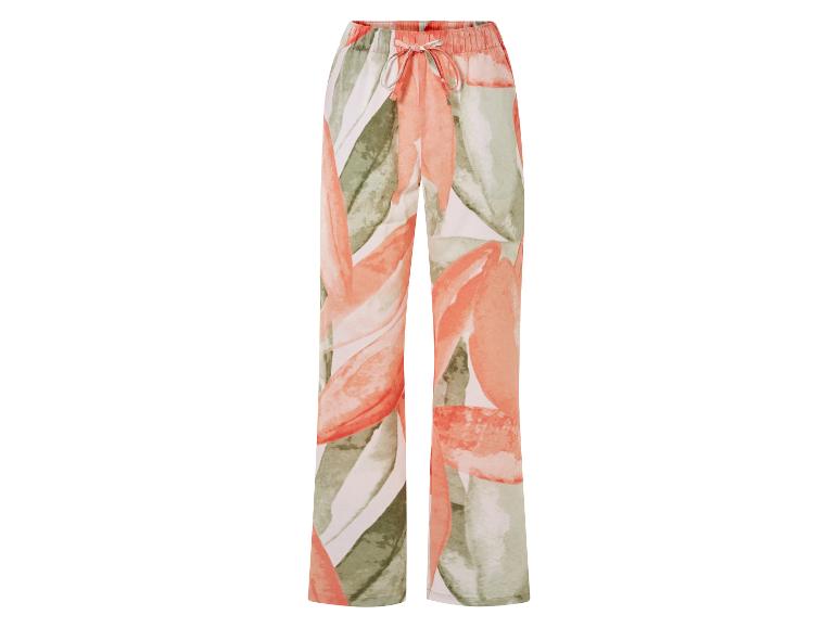 Wijde broek met koraal en lichtgroene bloemenprint.