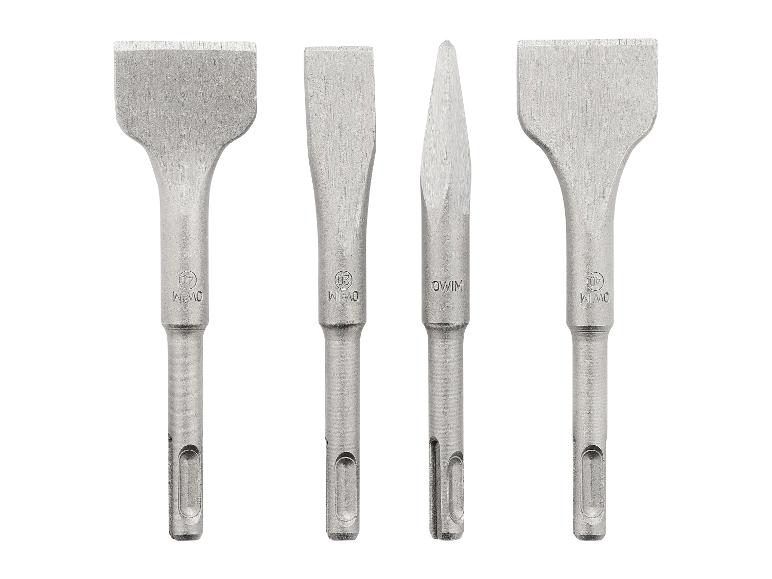 Vier SDS-plus beitelsets, inclusief platte en puntige beitels.