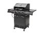 Zwarte gasbarbecue met vier branders, bedieningsknoppen en wielen.