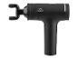 Zwart massagepistool met een U-vormig opzetstuk op een witte achtergrond.