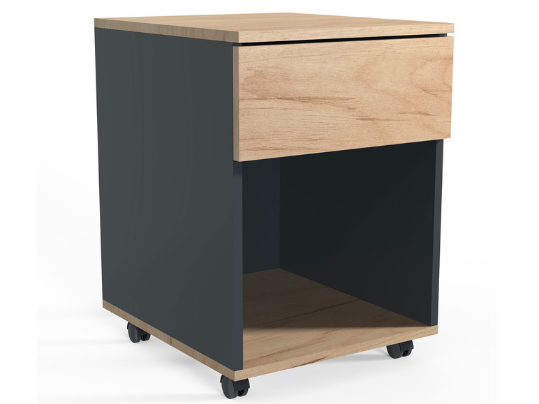 Een donkergrijze kast met een houten lade en plank op wielen.