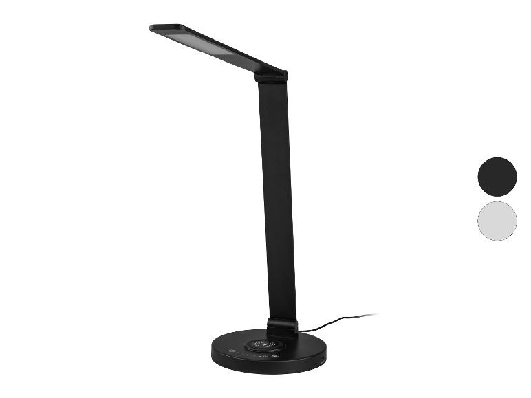 Zwarte LED-bureaulamp met draadloze oplader en twee kleurvoorbeelden.