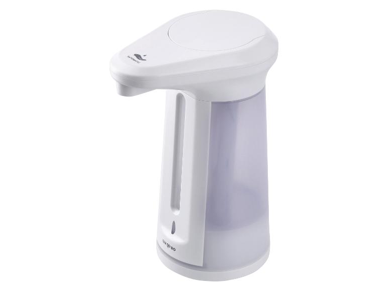 Witte automatische zeepdispenser met doorschijnend reservoir.