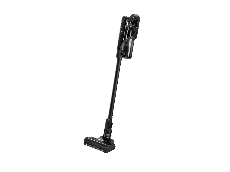 Een draadloze stofzuiger staat op een witte achtergrond.